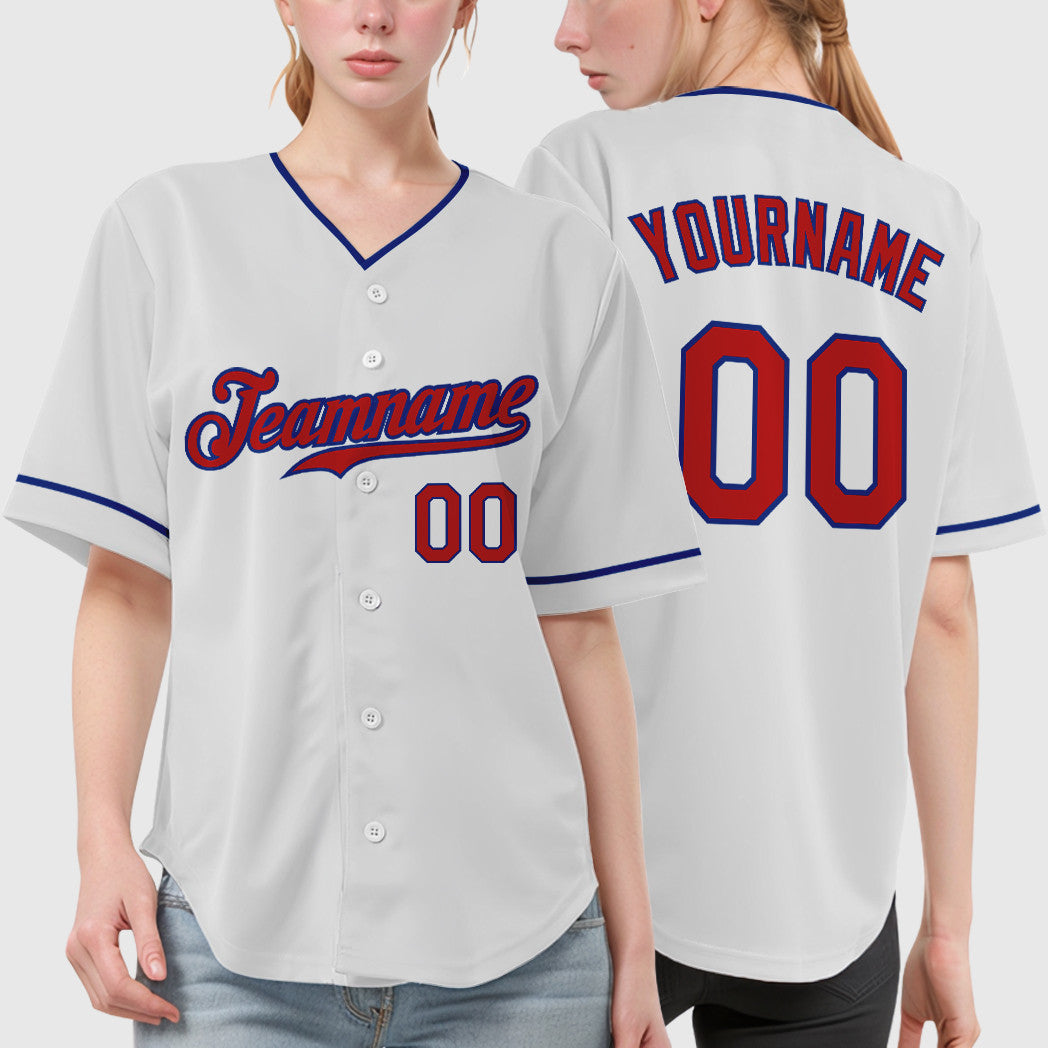 Custom White Red Red-Royal Collar Sleeve Baseball Jersey
