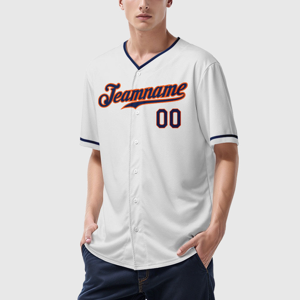 Custom White Navy Navy-Orange Collar Sleeve Baseball Jersey