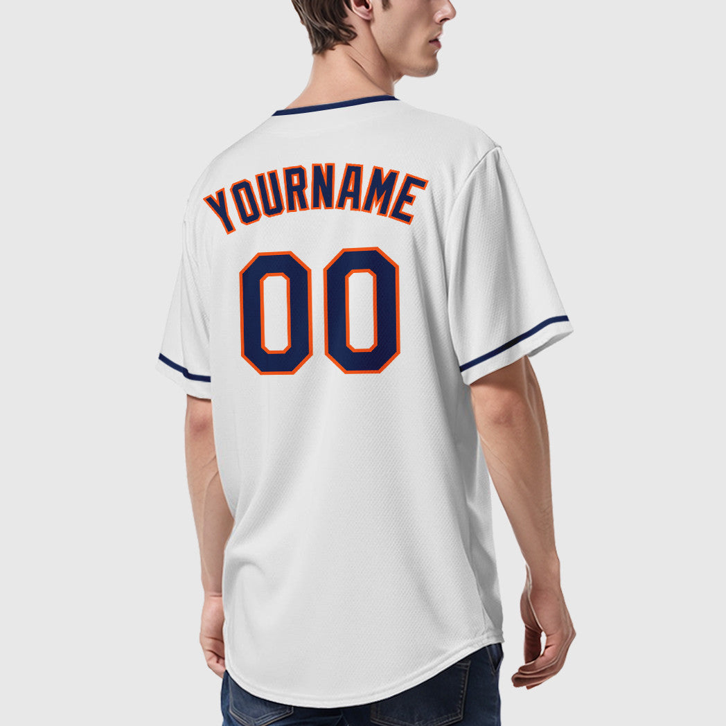 Custom White Navy Navy-Orange Collar Sleeve Baseball Jersey