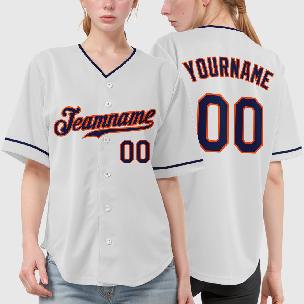 Custom White Navy Navy-Orange Collar Sleeve Baseball Jersey