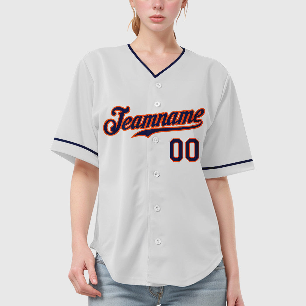 Custom White Navy Navy-Orange Collar Sleeve Baseball Jersey