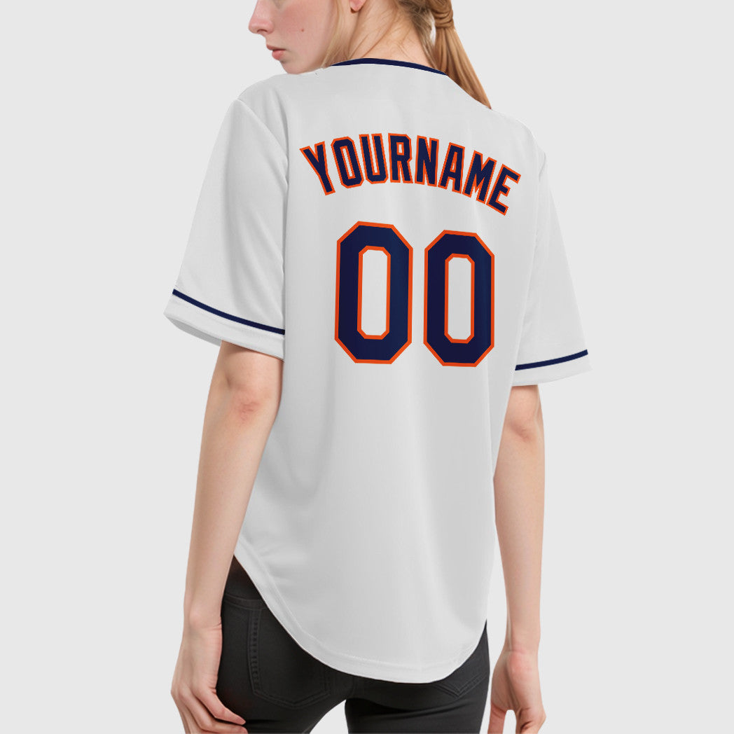 Custom White Navy Navy-Orange Collar Sleeve Baseball Jersey