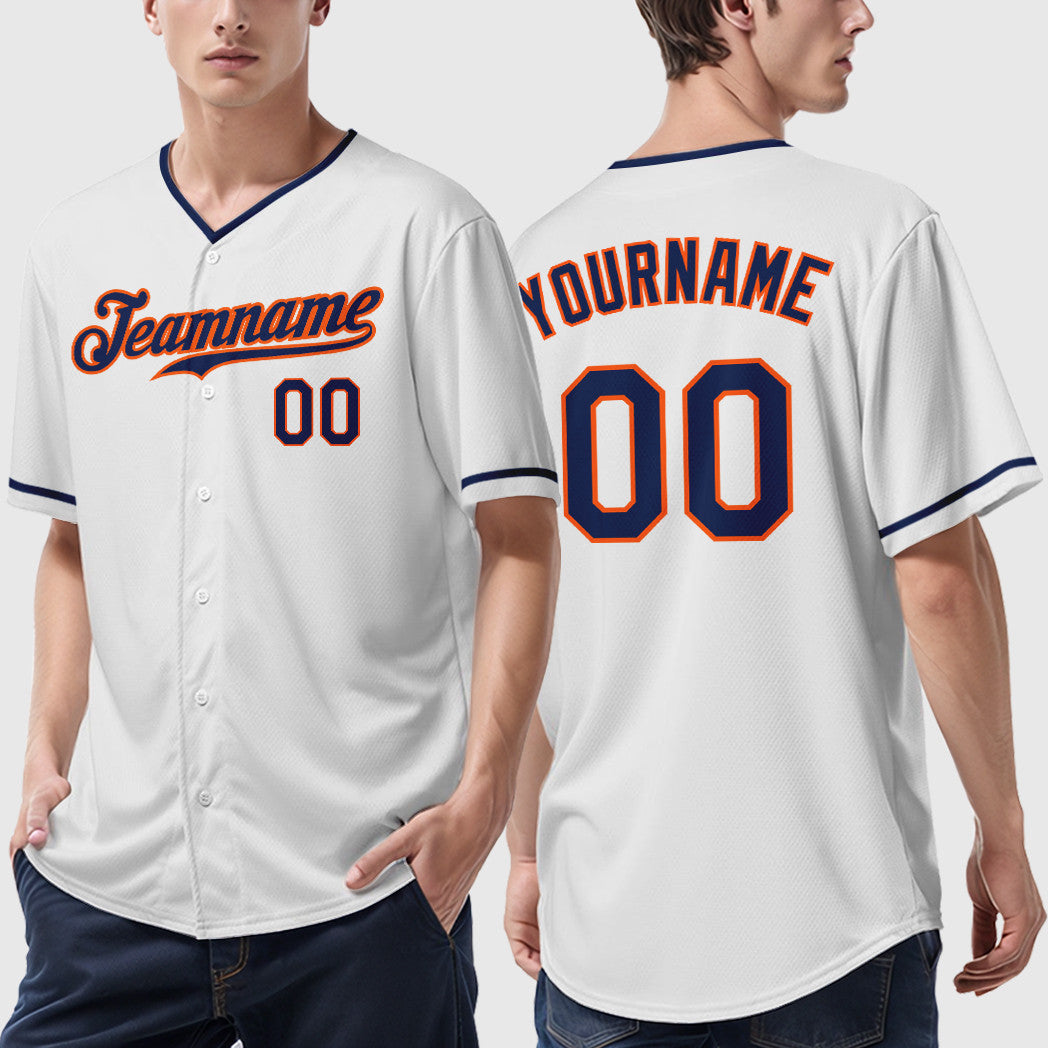 Custom White Navy Navy-Orange Collar Sleeve Baseball Jersey