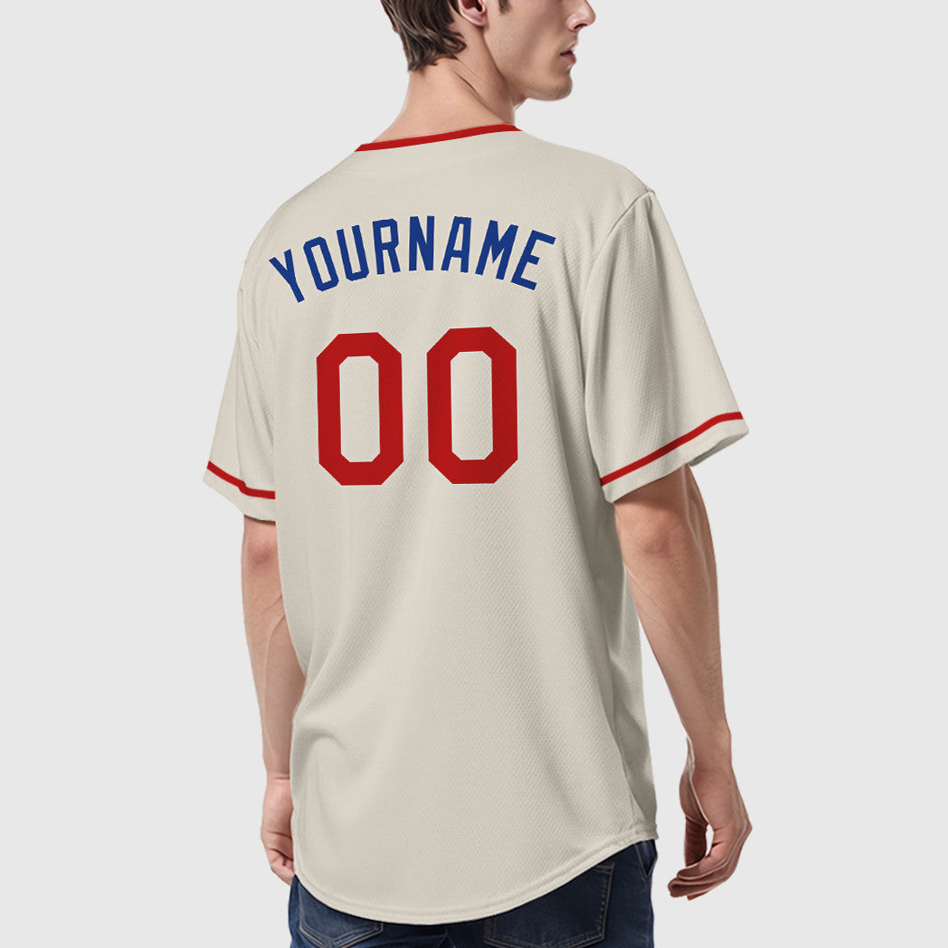 Custom Cream Royal Red Collar Sleeve Baseball Jersey
