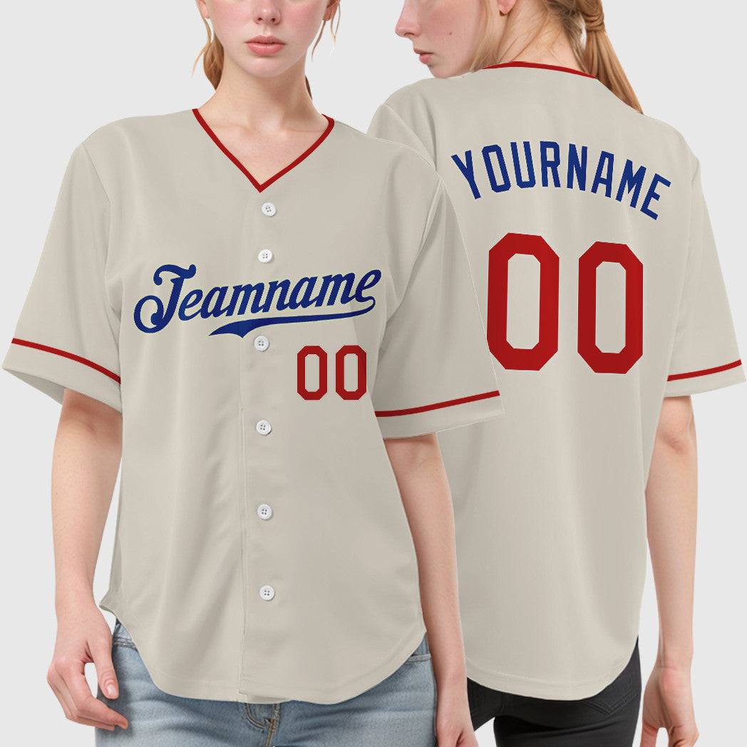 Custom Cream Royal Red Collar Sleeve Baseball Jersey