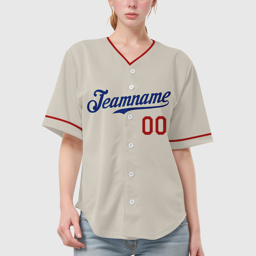 Custom Cream Royal Red Collar Sleeve Baseball Jersey