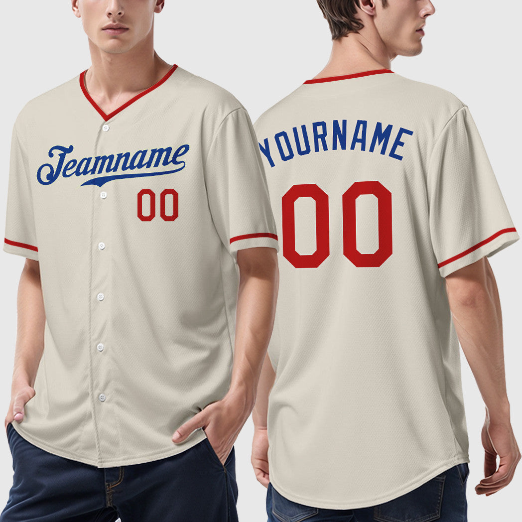 Custom Cream Royal Red Collar Sleeve Baseball Jersey