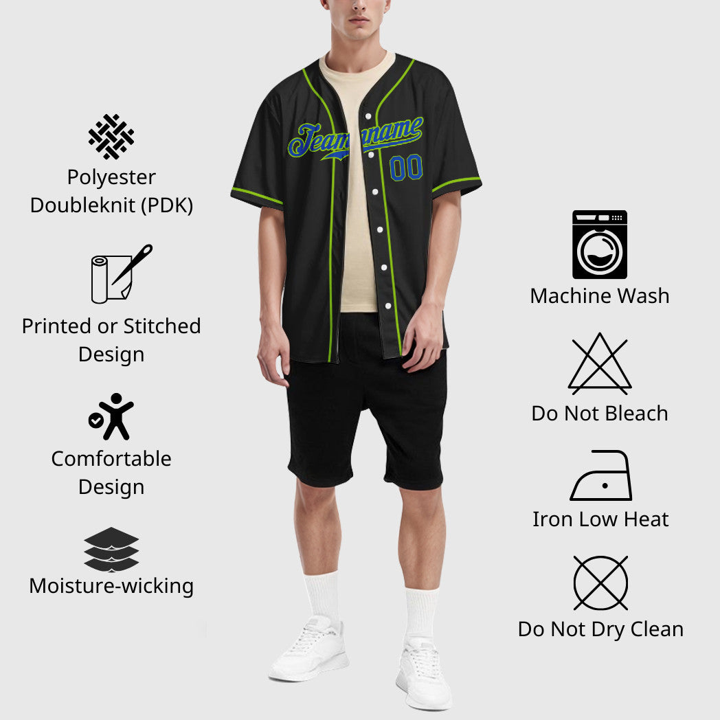 Custom Black Neon Green Thunder Blue Sleeve Baseball Jersey
