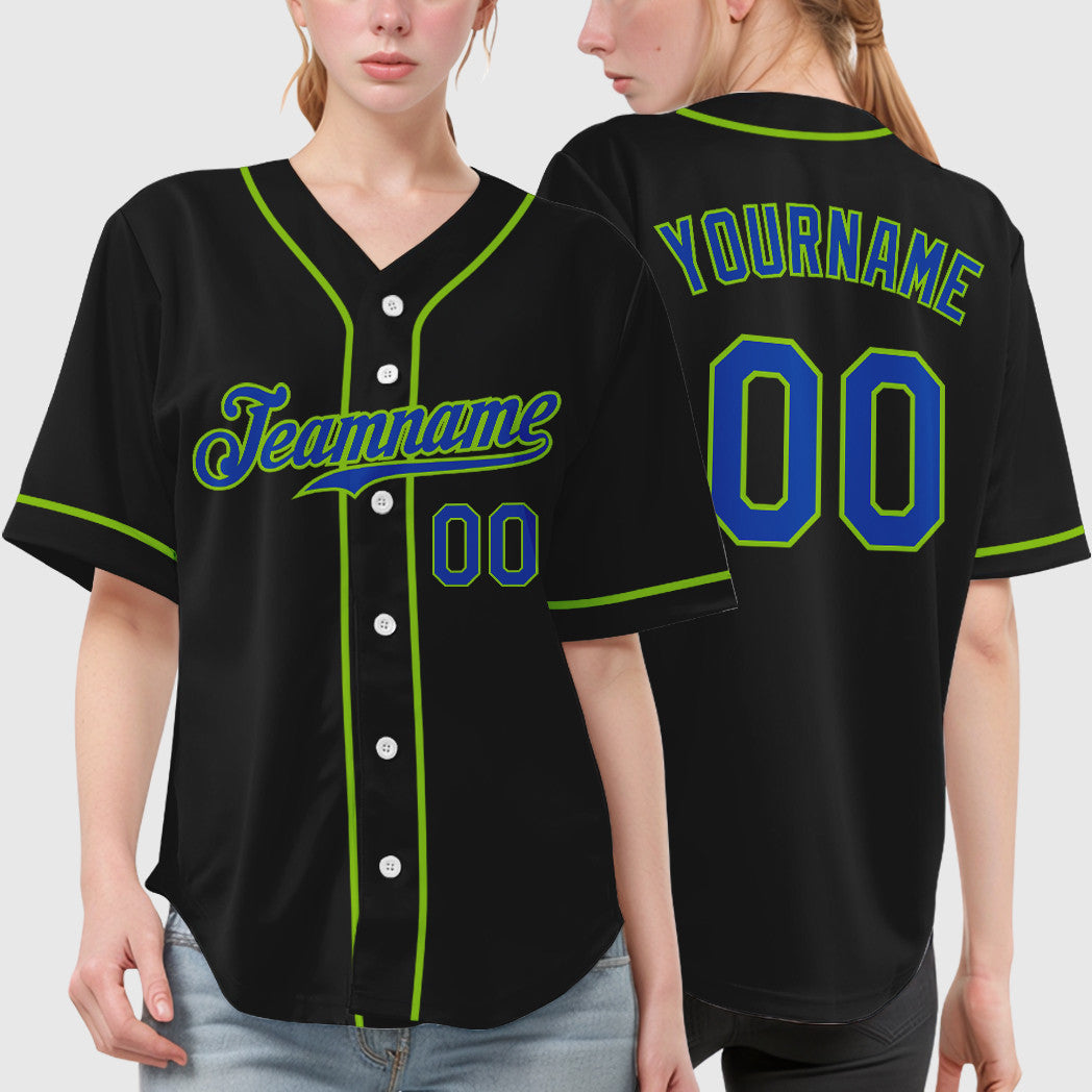 Custom Black Neon Green Thunder Blue Sleeve Baseball Jersey