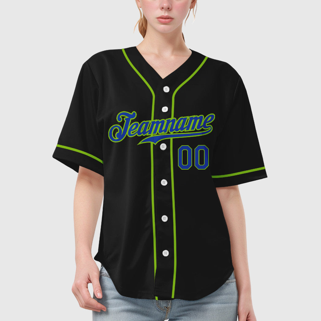 Custom Black Neon Green Thunder Blue Sleeve Baseball Jersey