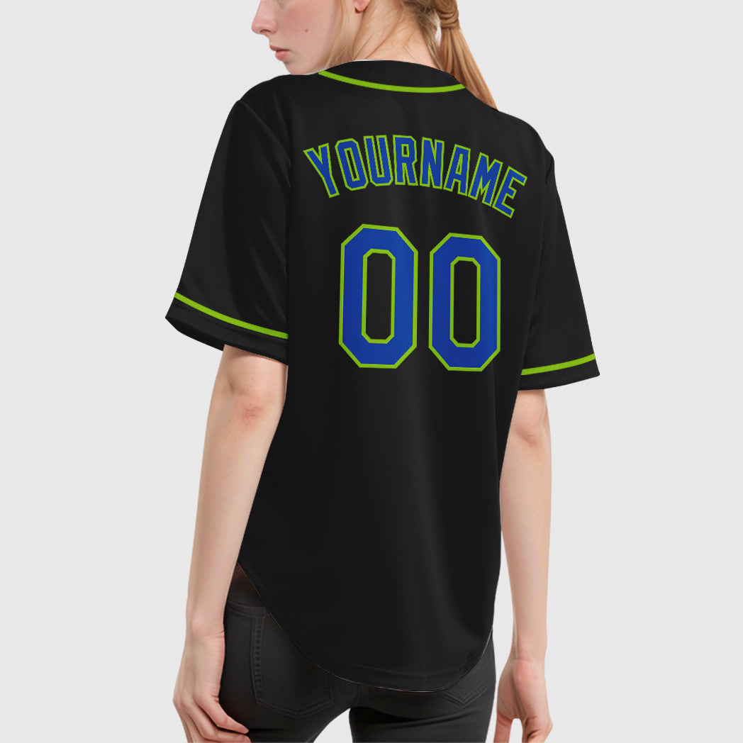 Custom Black Neon Green Thunder Blue Sleeve Baseball Jersey