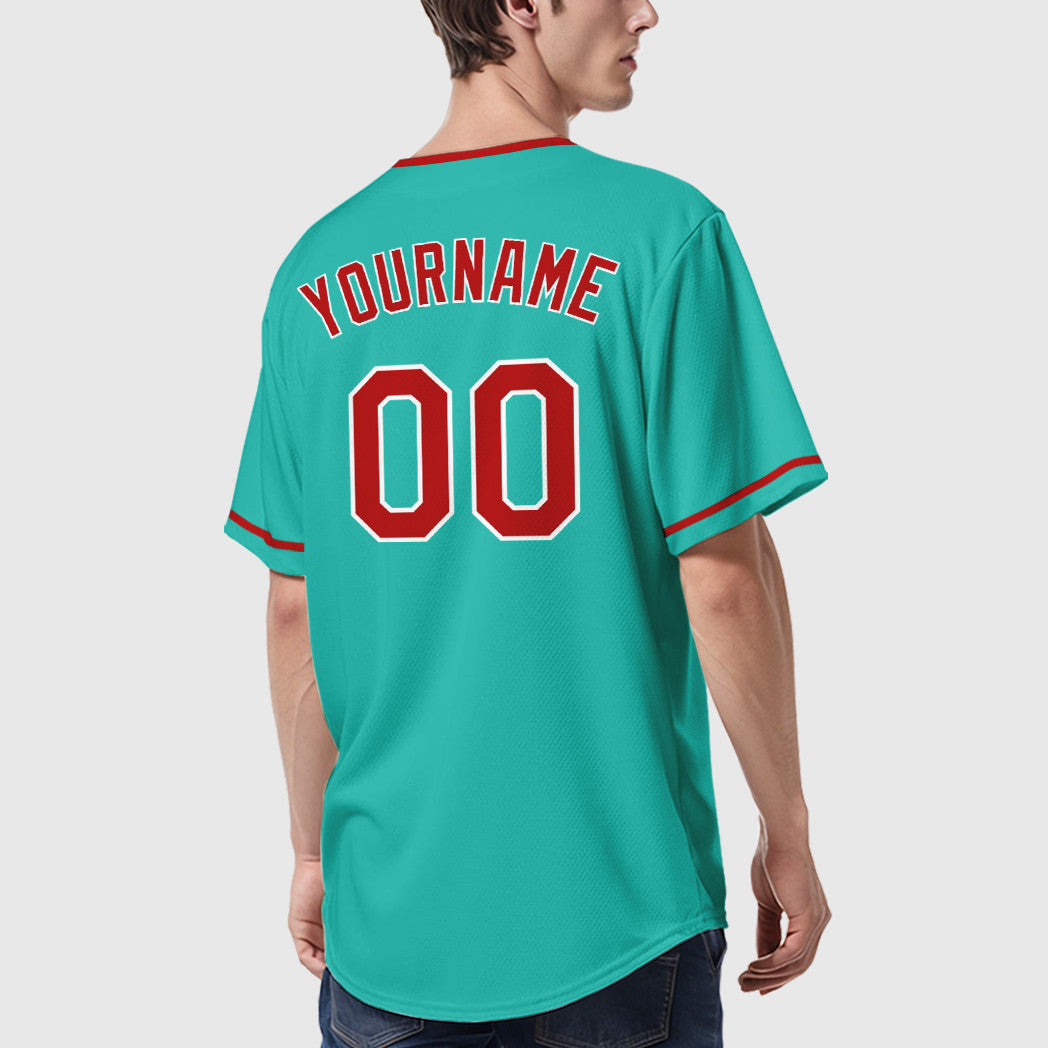 Custom Aqua White Red Collar Sleeve Baseball Jersey