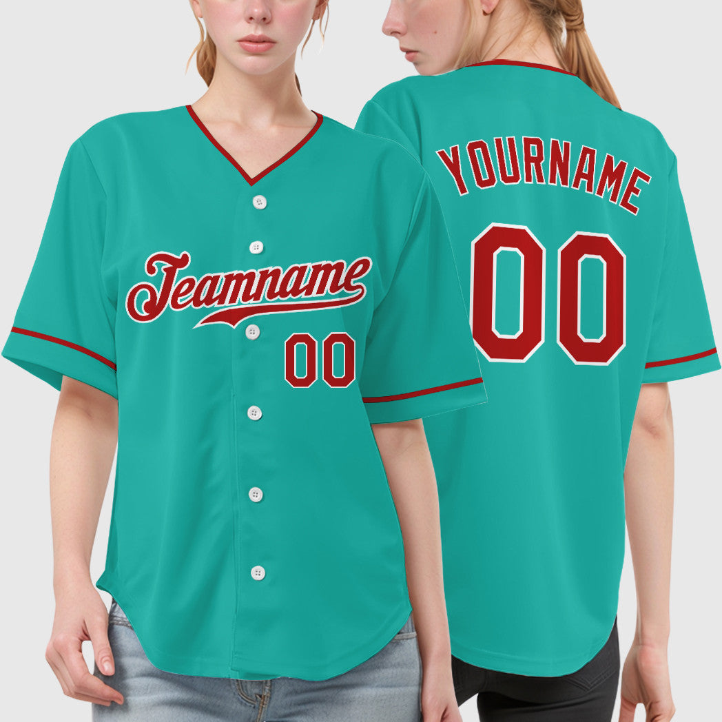 Custom Aqua White Red Collar Sleeve Baseball Jersey