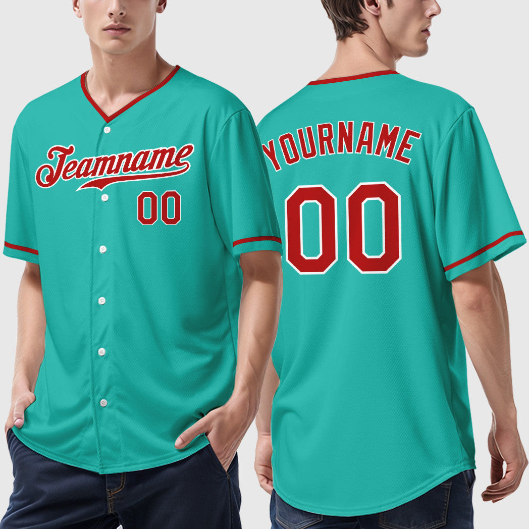 Custom Aqua White Red Collar Sleeve Baseball Jersey