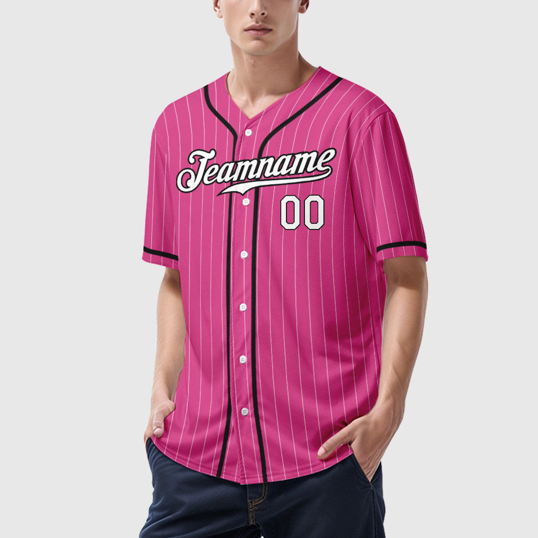 Custom Pink White White-Black Piping Pinstripe Baseball Jersey