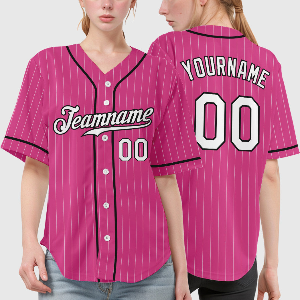 Custom Pink White White-Black Piping Pinstripe Baseball Jersey