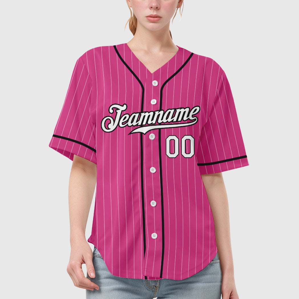 Custom Pink White White-Black Piping Pinstripe Baseball Jersey