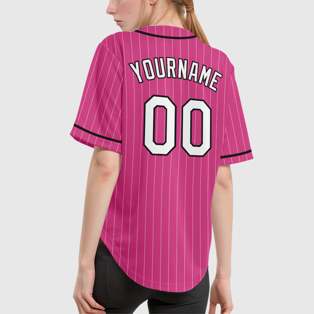 Custom Pink White White-Black Piping Pinstripe Baseball Jersey