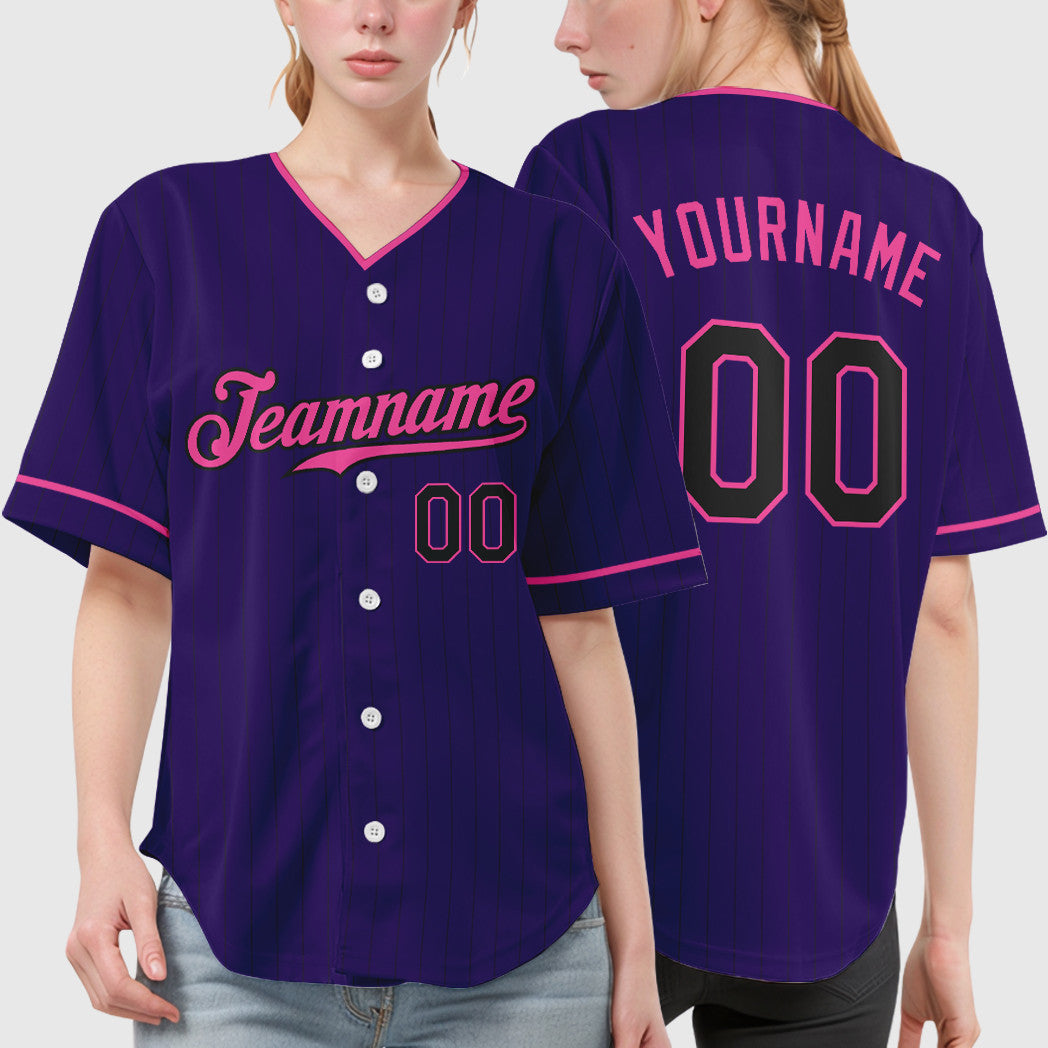 Custom Purple Black Pink Pinstripe Baseball Jersey
