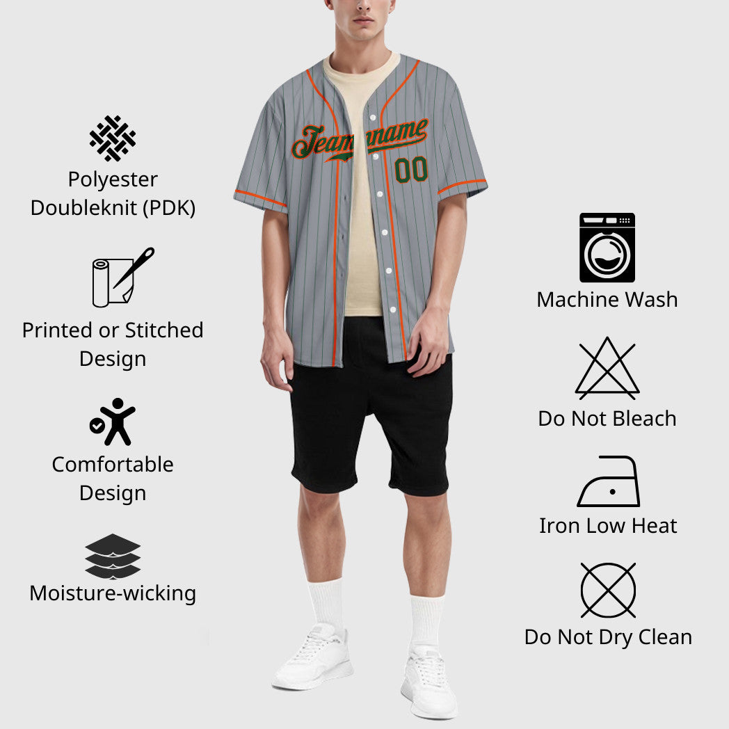Custom Gray Green Orange Piping Pinstripe Baseball Jersey