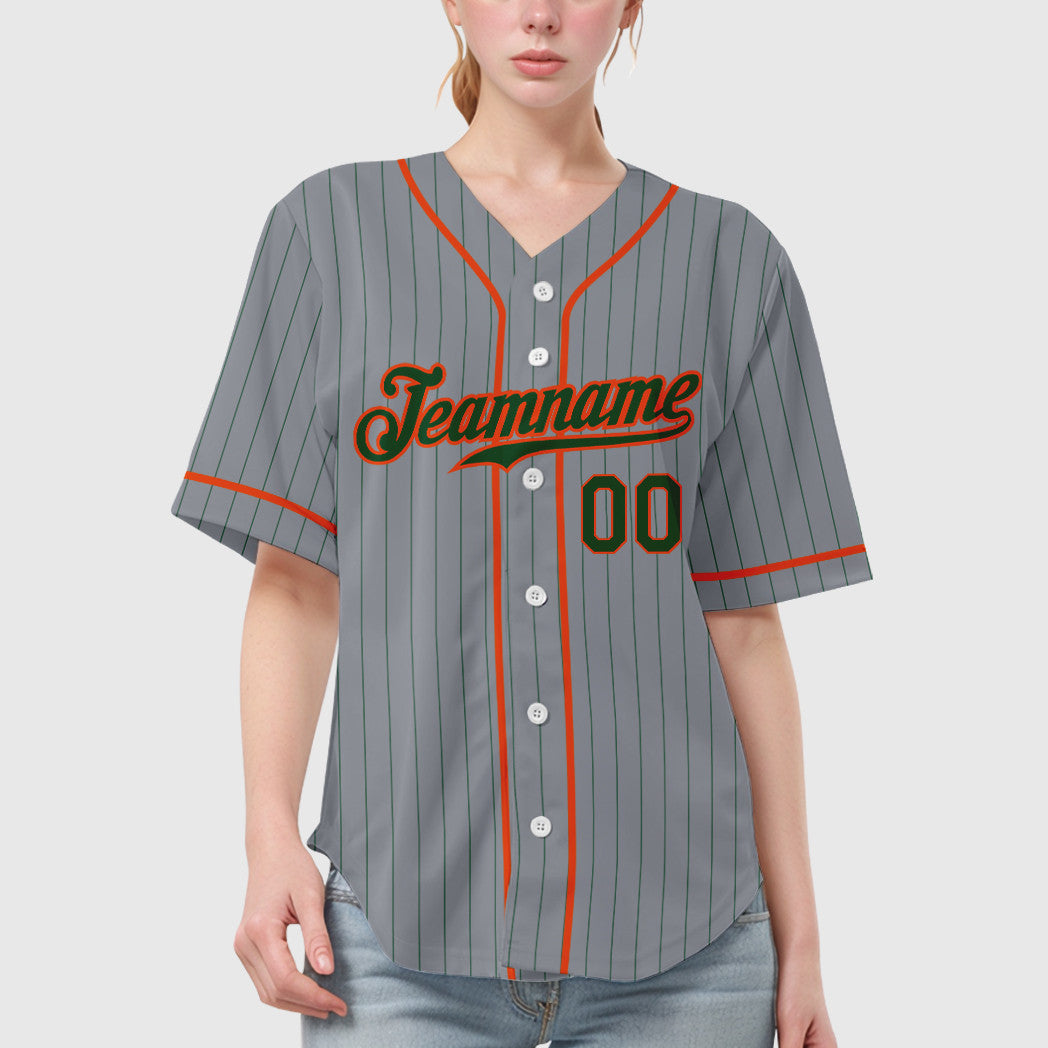 Custom Gray Green Orange Piping Pinstripe Baseball Jersey