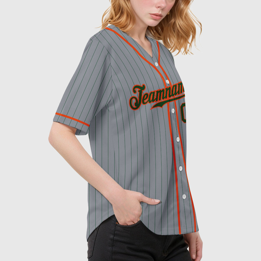 Custom Gray Green Orange Piping Pinstripe Baseball Jersey