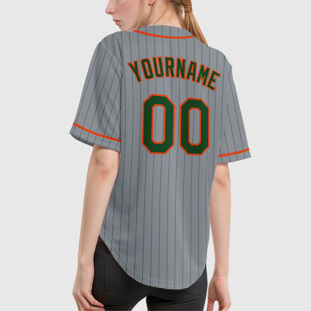 Custom Gray Green Orange Piping Pinstripe Baseball Jersey