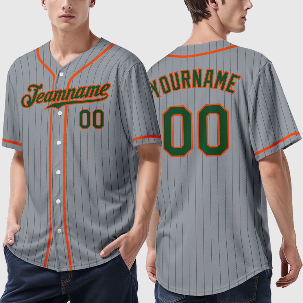 Custom Gray Green Orange Piping Pinstripe Baseball Jersey