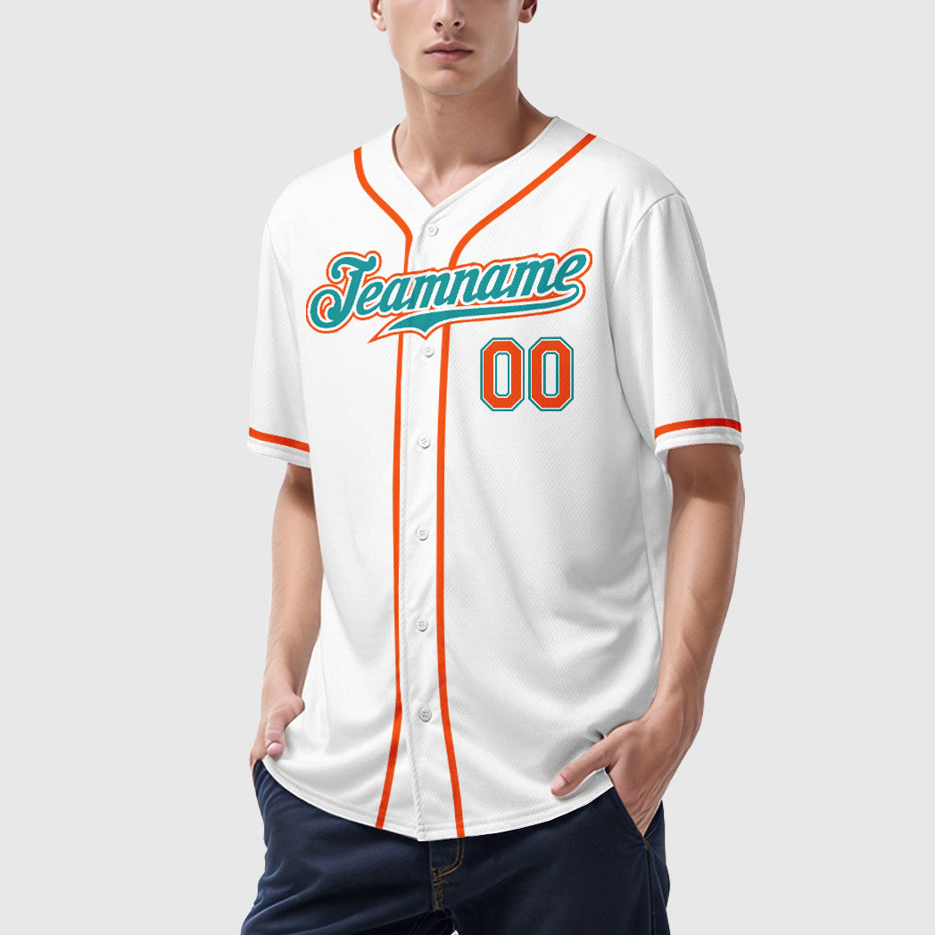 Custom White Teal Teal-Orange Sleeve Baseball Jersey