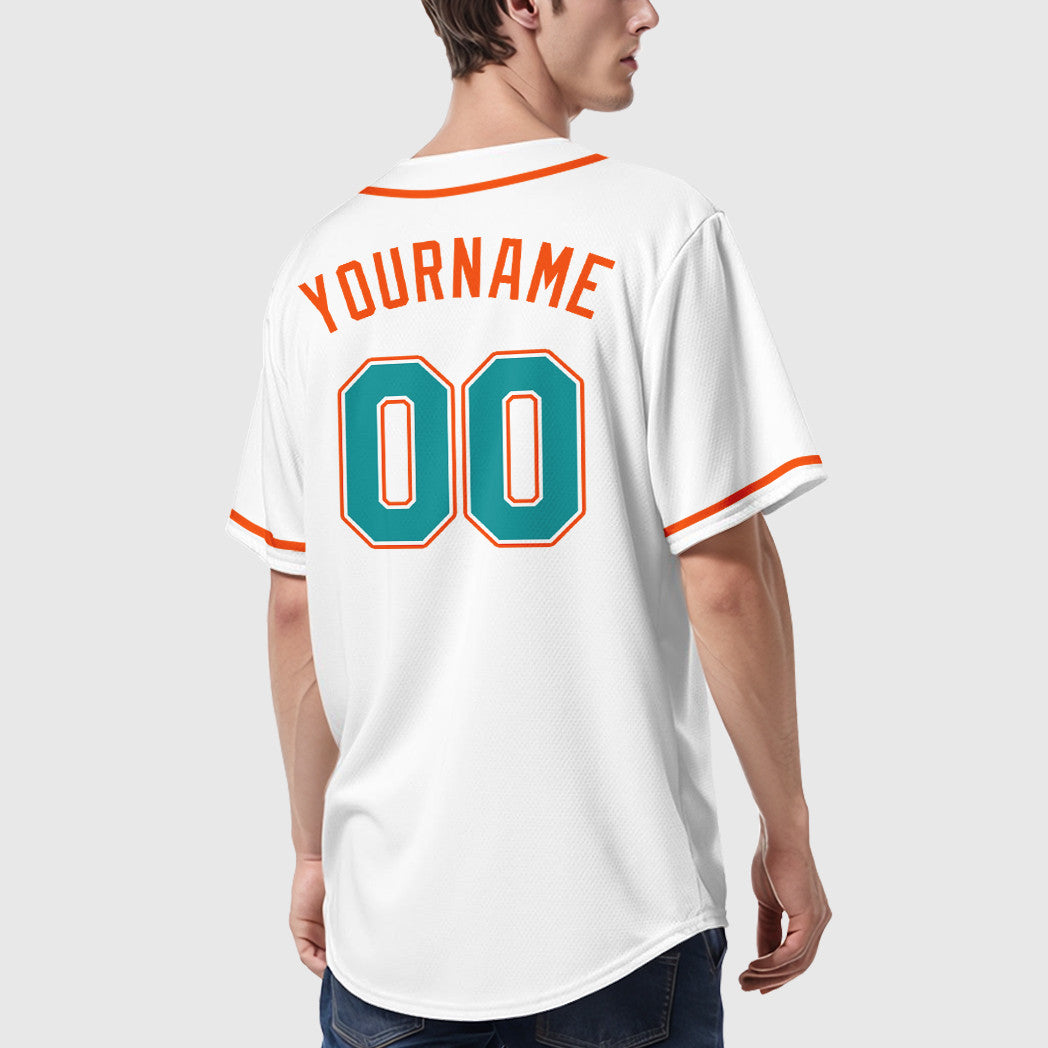 Custom White Teal Teal-Orange Sleeve Baseball Jersey