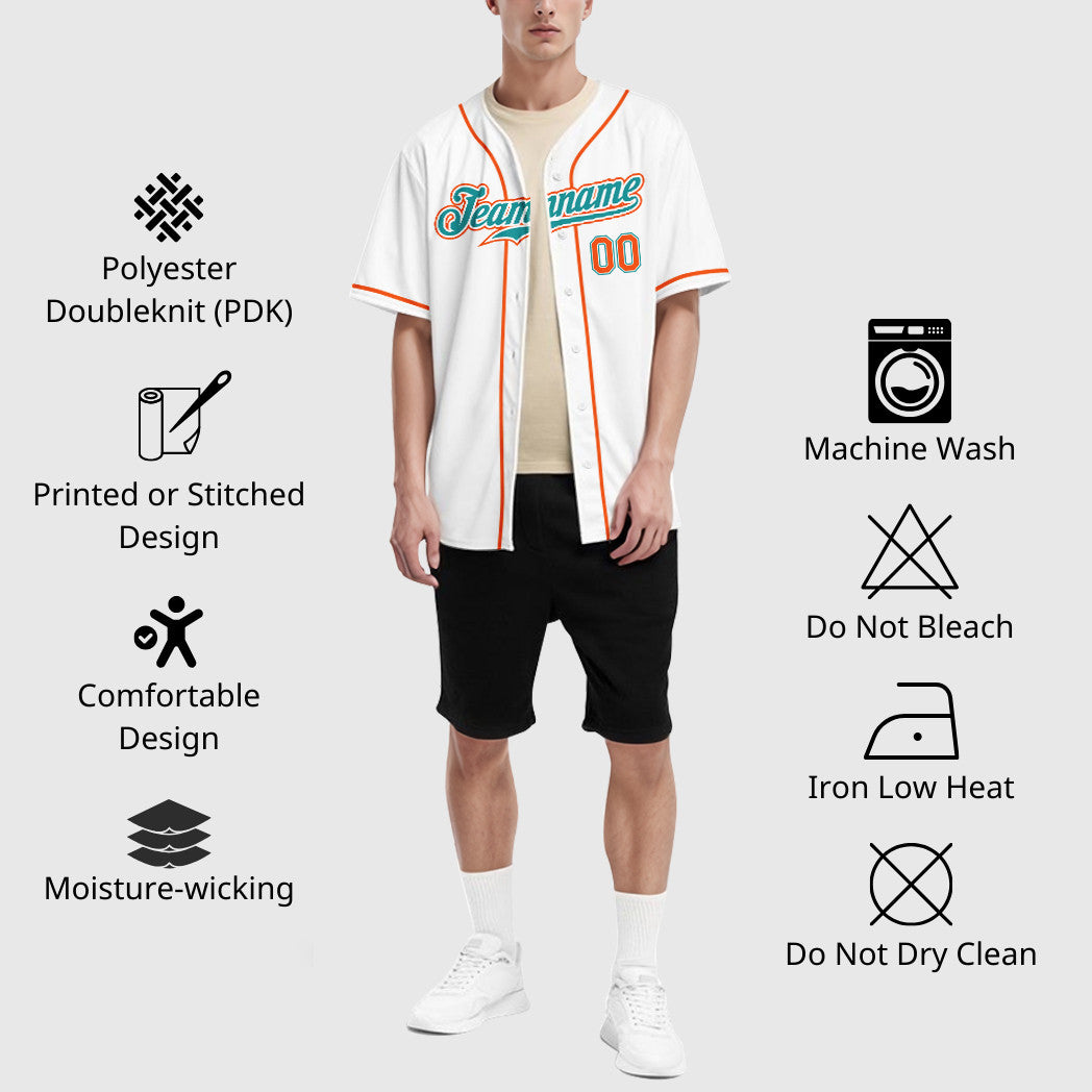 Custom White Teal Teal-Orange Sleeve Baseball Jersey