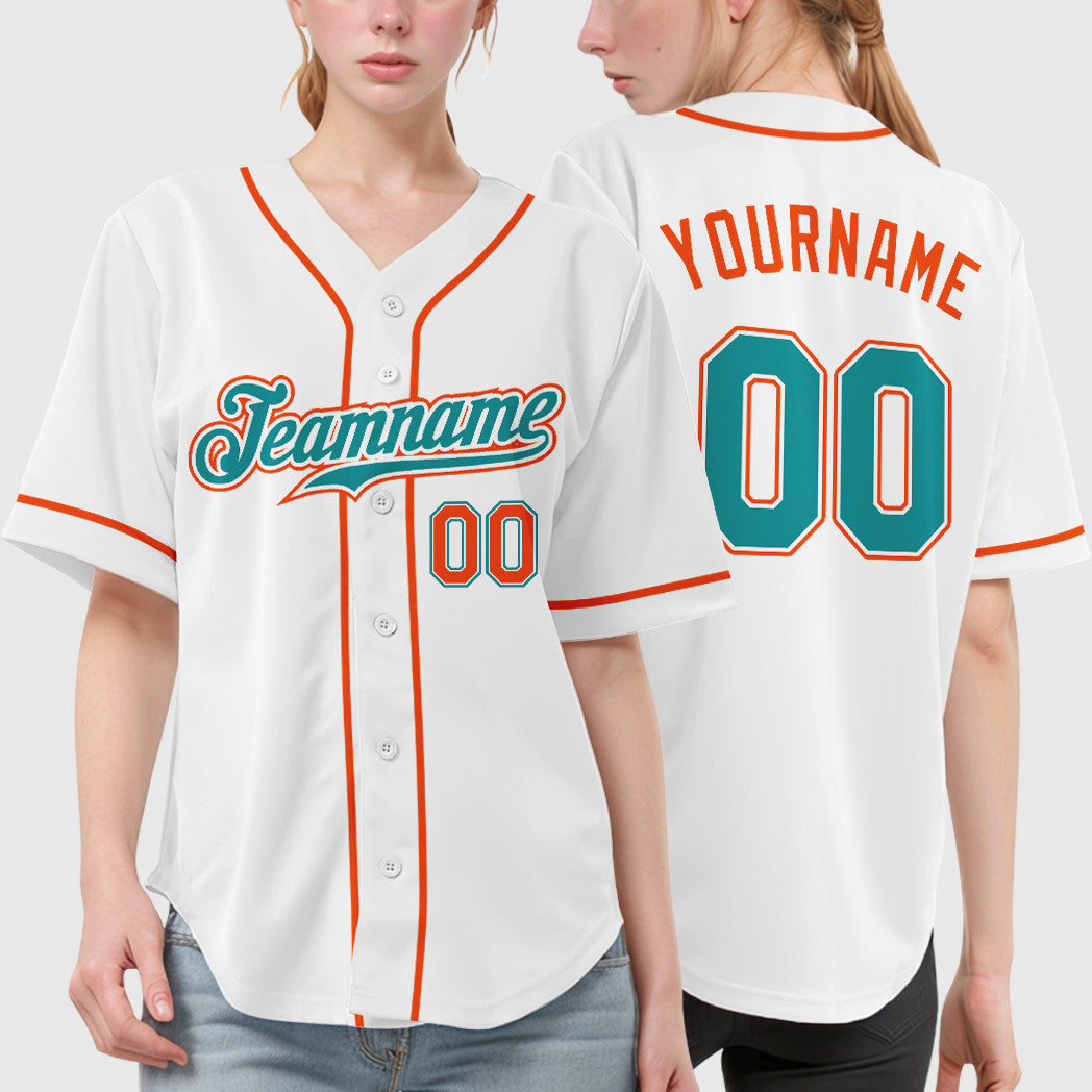 Custom White Teal Teal-Orange Sleeve Baseball Jersey
