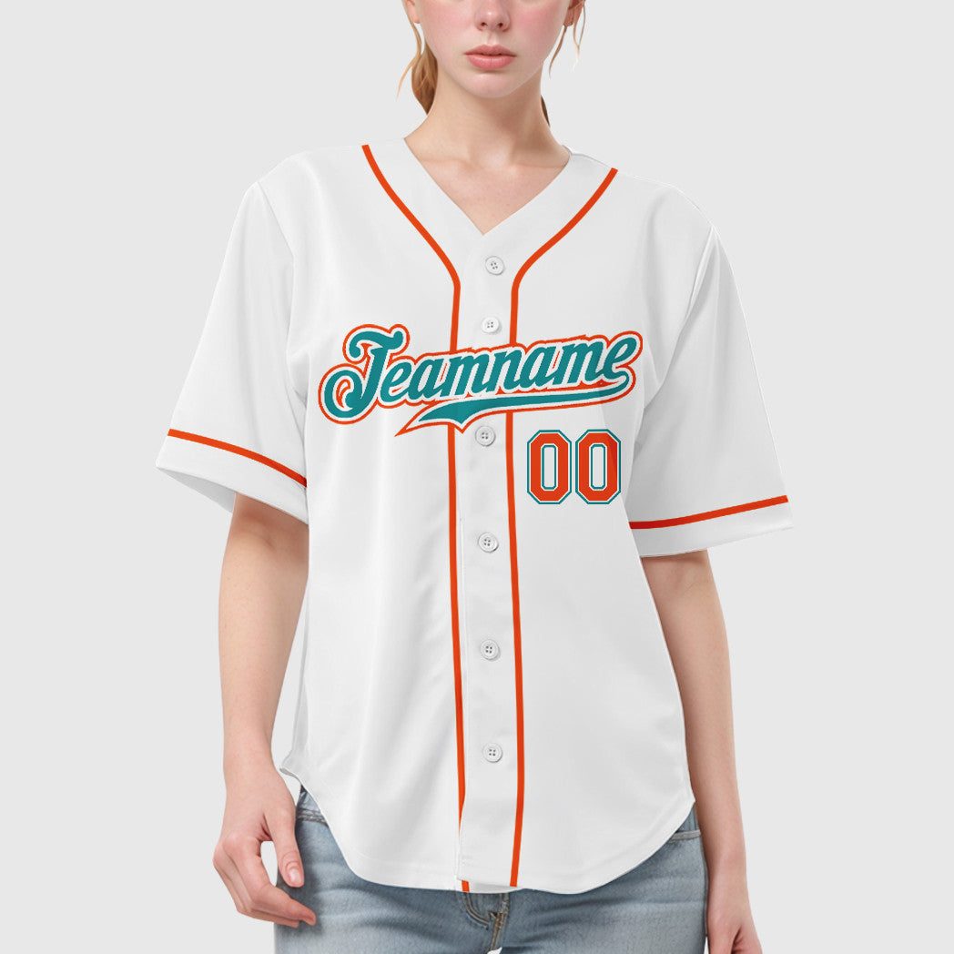 Custom White Teal Teal-Orange Sleeve Baseball Jersey