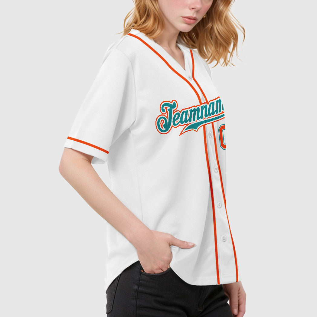 Custom White Teal Teal-Orange Sleeve Baseball Jersey