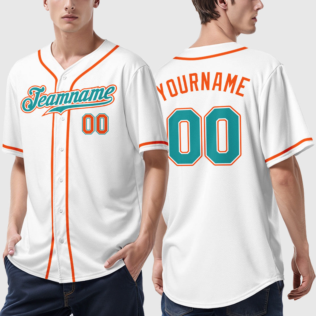 Custom White Teal Teal-Orange Sleeve Baseball Jersey