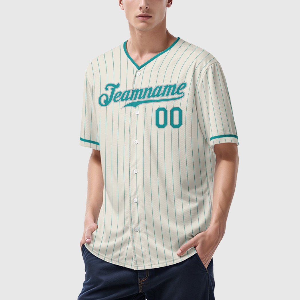 Custom Cream Teal Teal-Gray Pinstripe Baseball Jersey