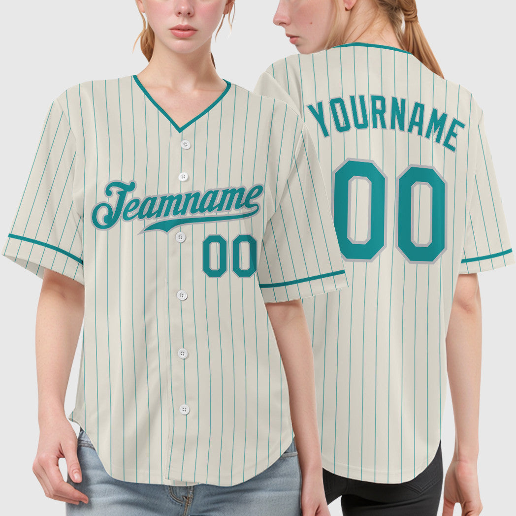 Custom Cream Teal Teal-Gray Pinstripe Baseball Jersey