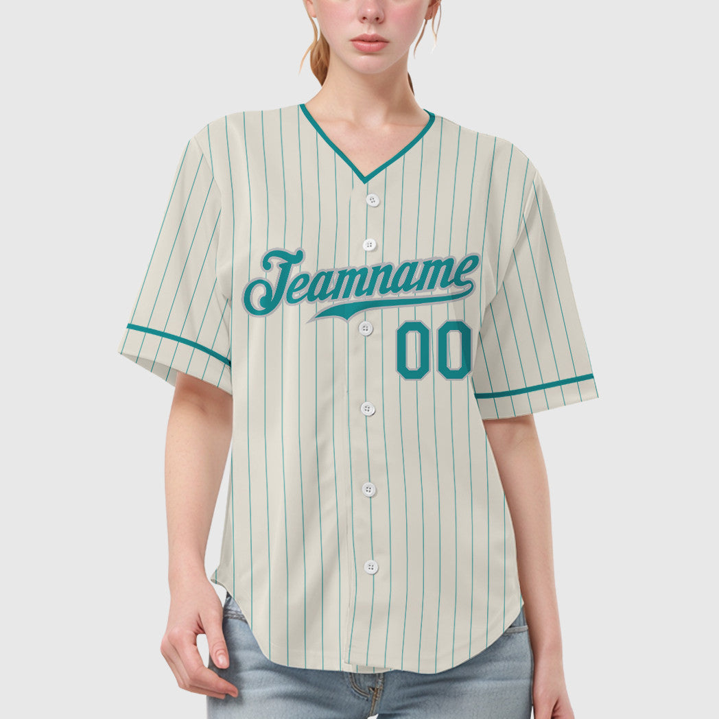 Custom Cream Teal Teal-Gray Pinstripe Baseball Jersey