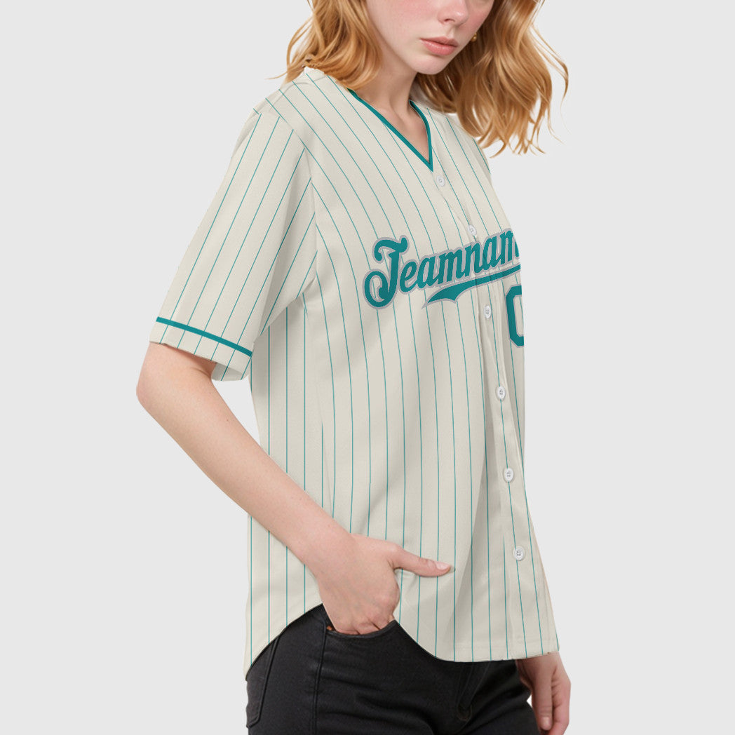 Custom Cream Teal Teal-Gray Pinstripe Baseball Jersey