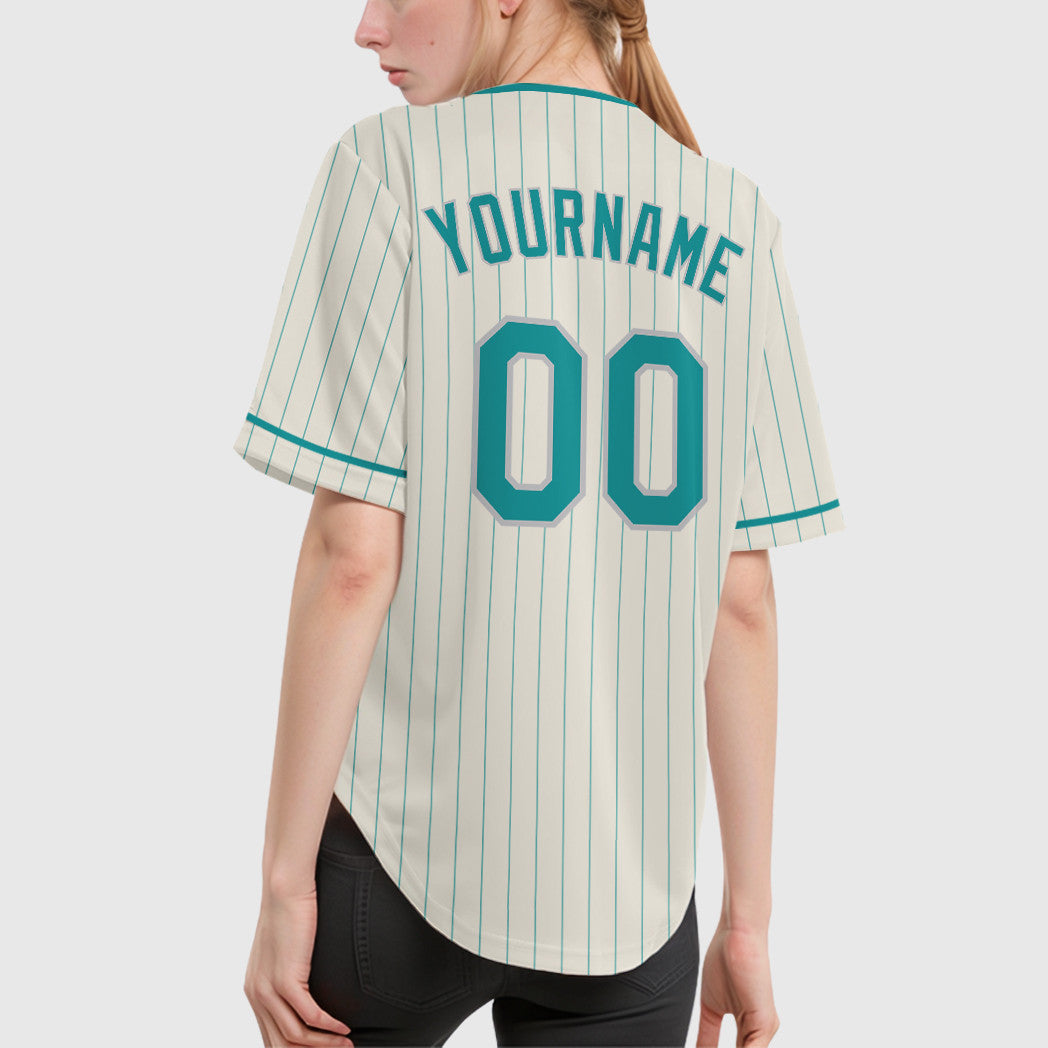 Custom Cream Teal Teal-Gray Pinstripe Baseball Jersey