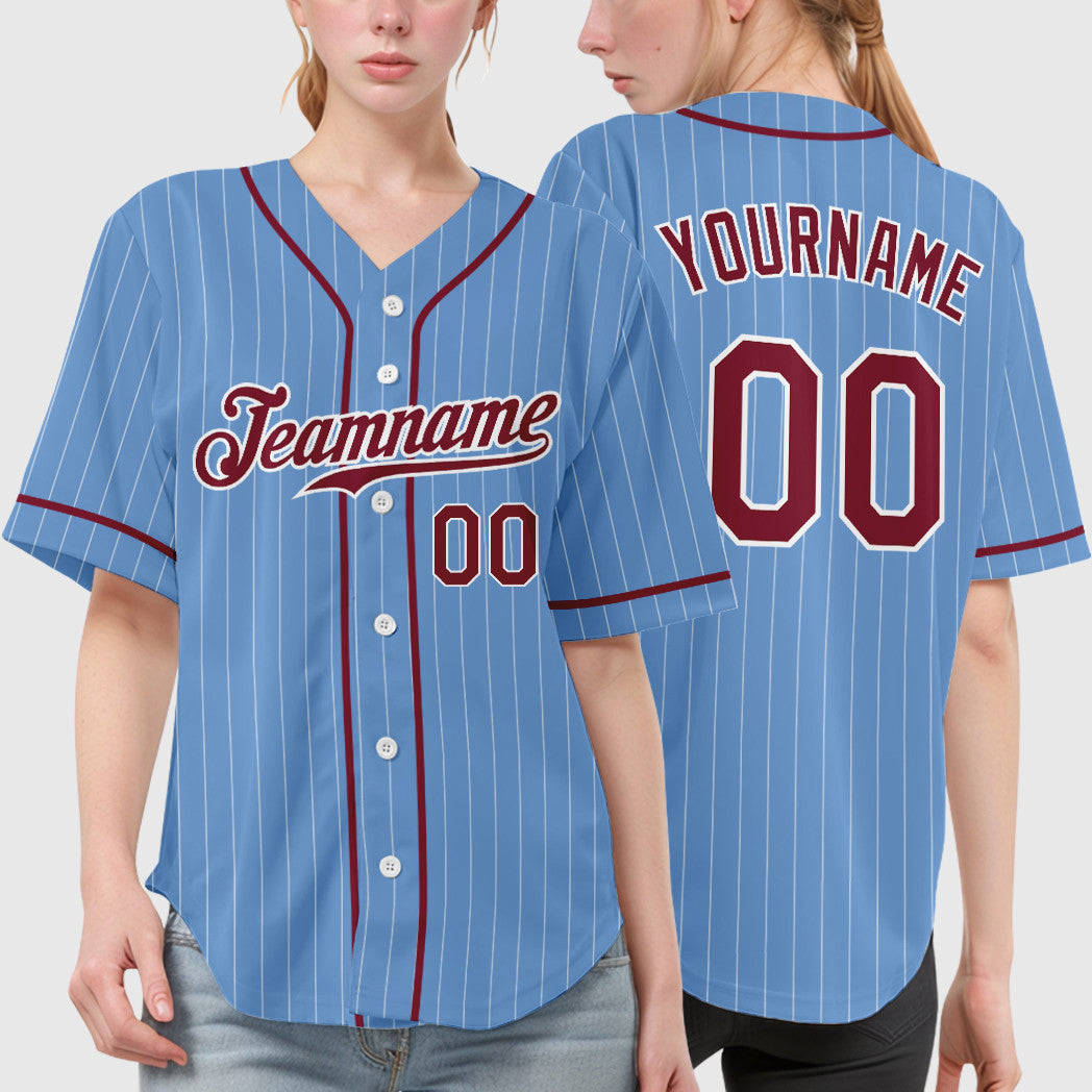 Custom Light Blue White Crimson Piping Pinstripe Baseball Jersey
