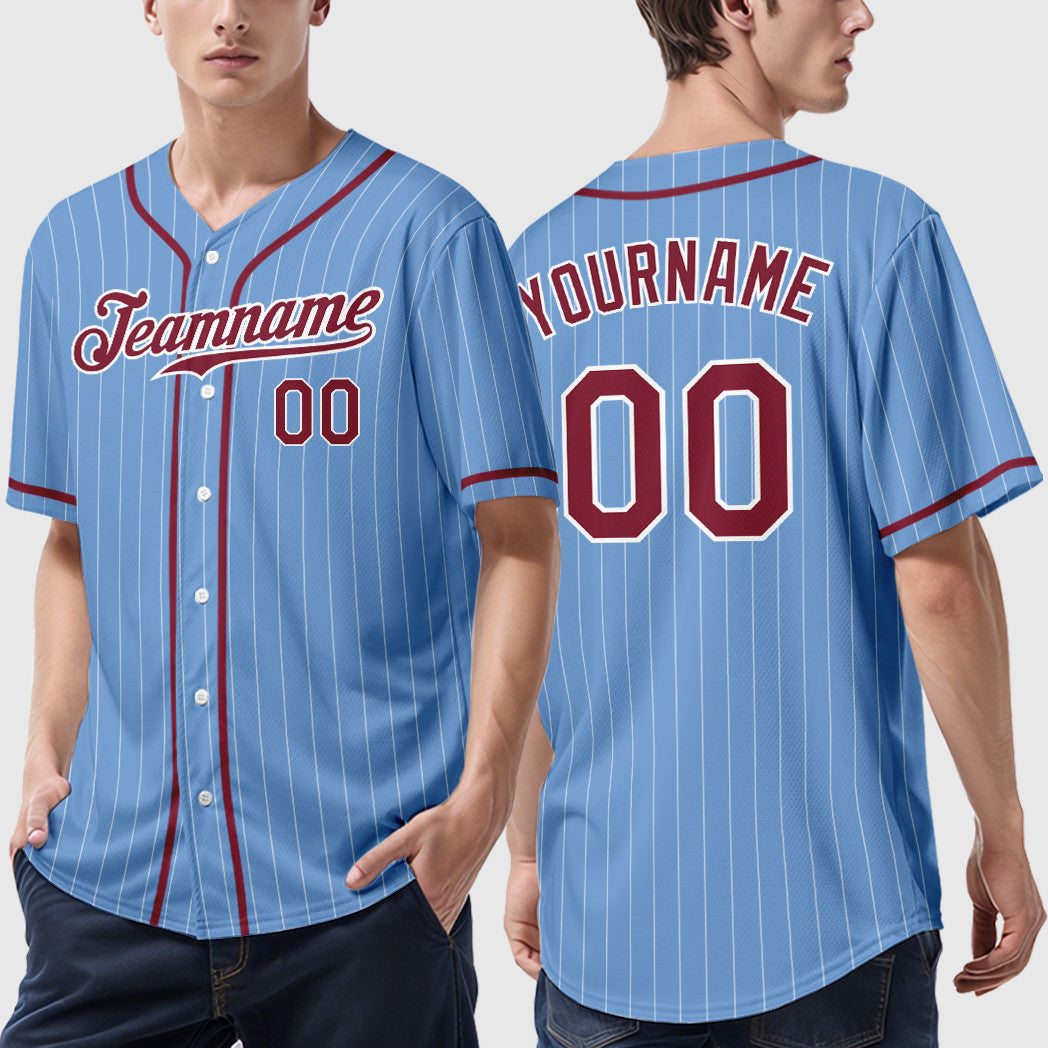 Custom Light Blue White Crimson Piping Pinstripe Baseball Jersey