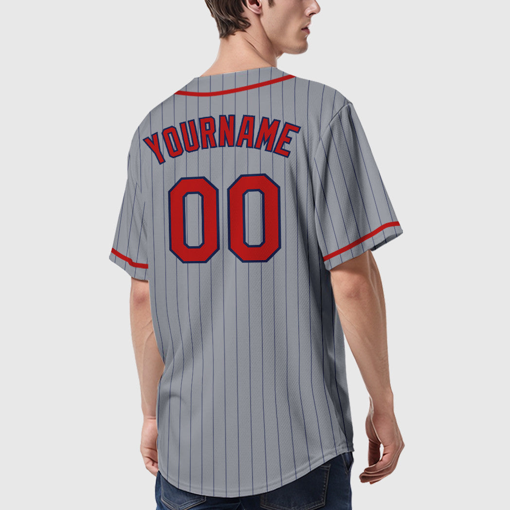 Custom Gray Navy Red Piping Pinstripe Baseball Jersey