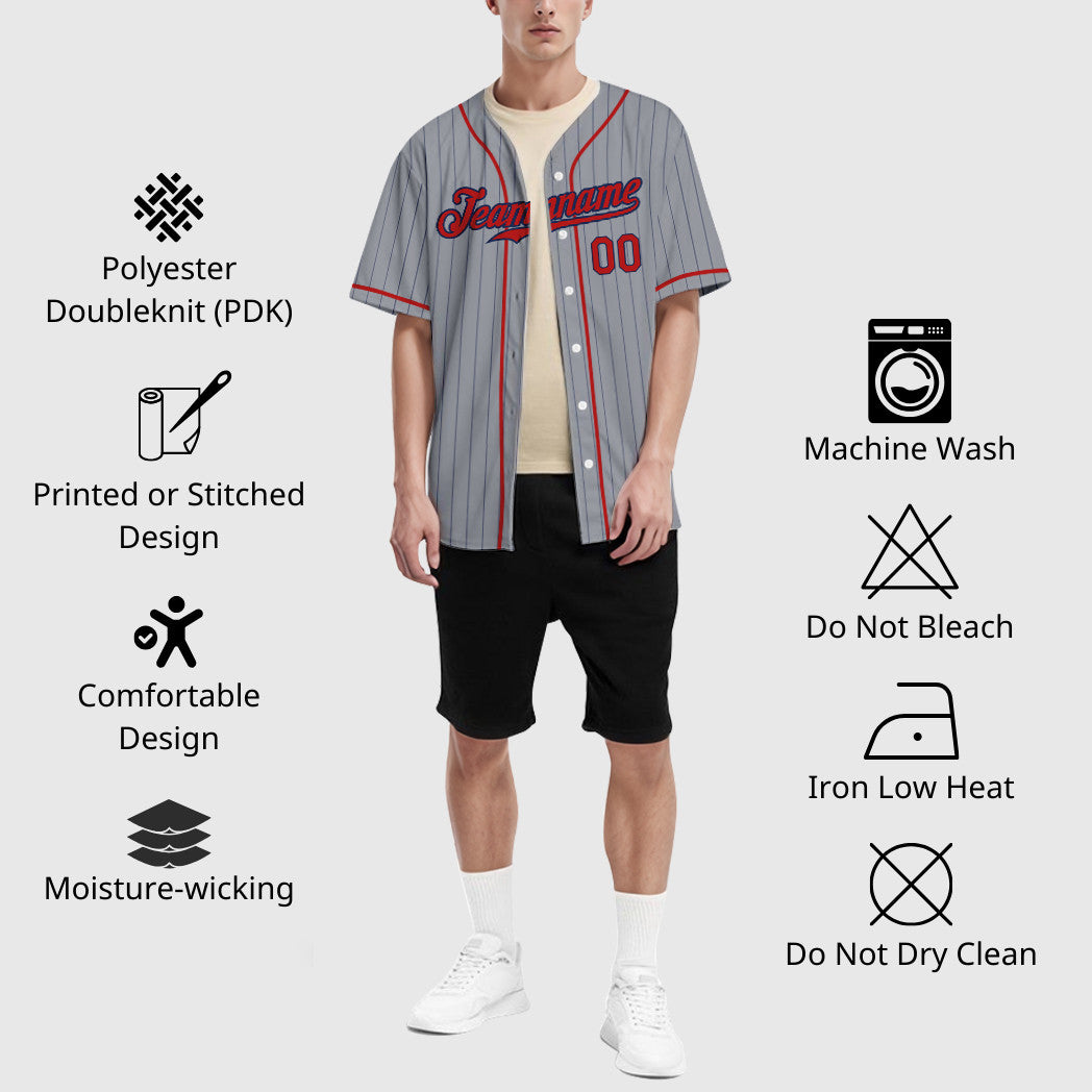 Custom Gray Navy Red Piping Pinstripe Baseball Jersey