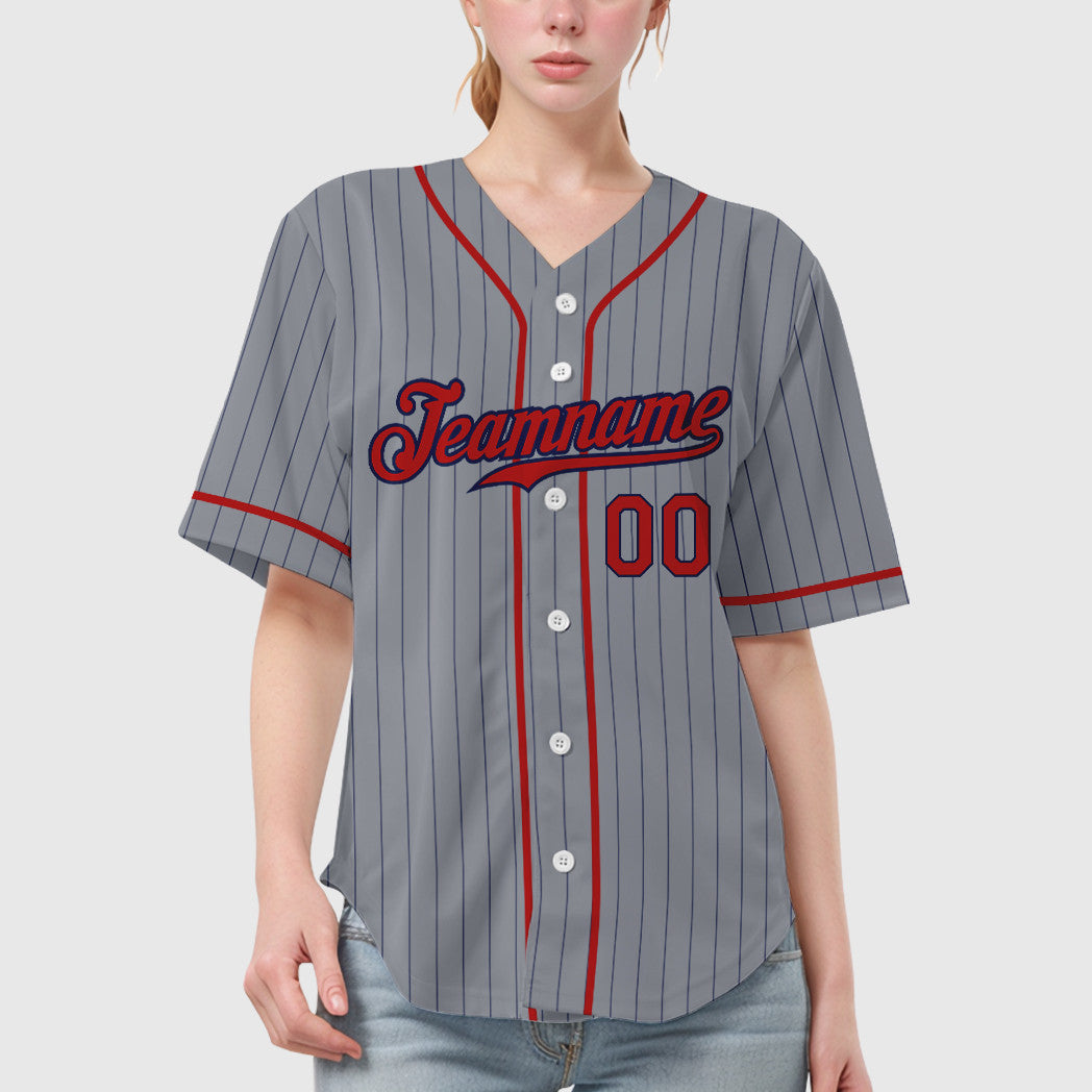 Custom Gray Navy Red Piping Pinstripe Baseball Jersey