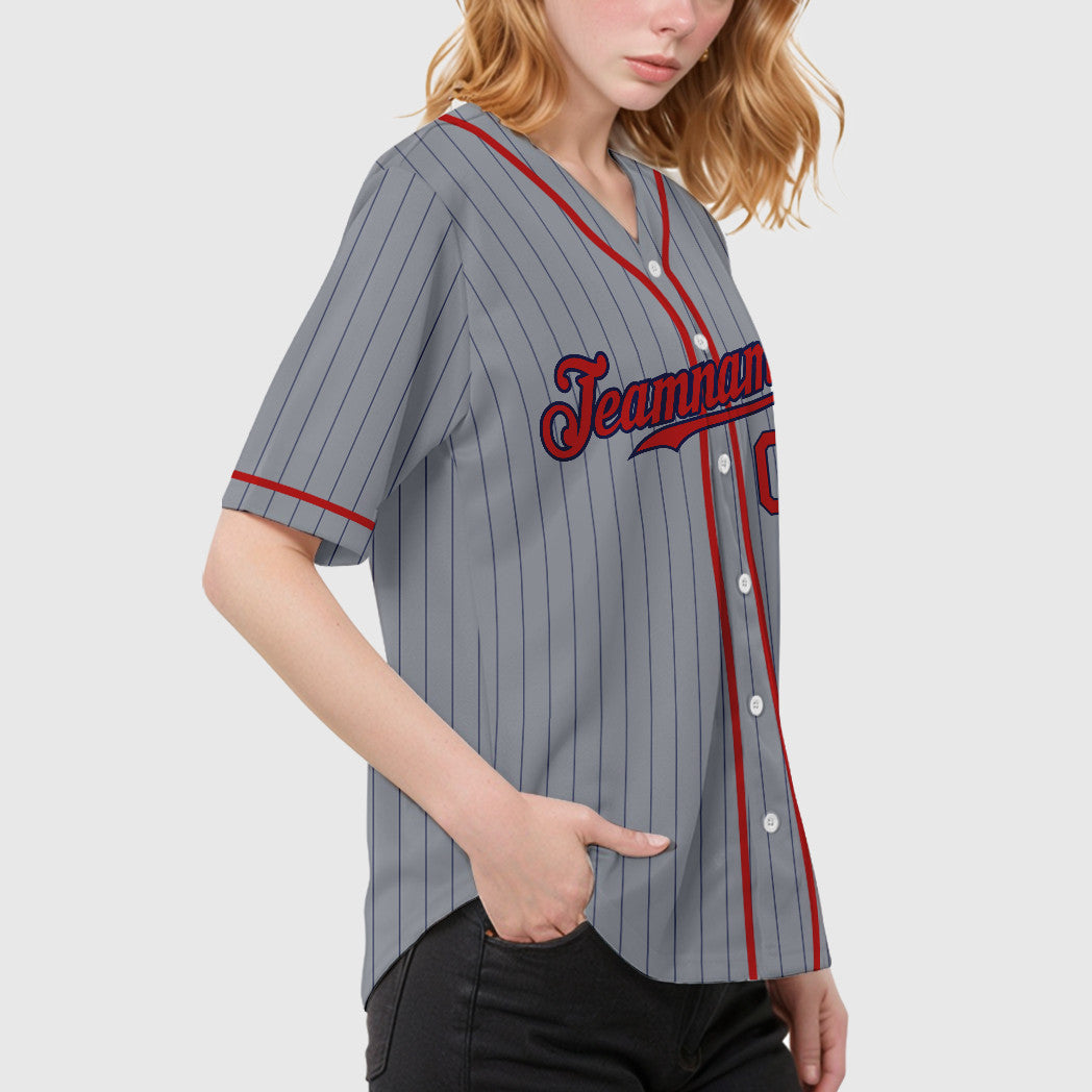 Custom Gray Navy Red Piping Pinstripe Baseball Jersey
