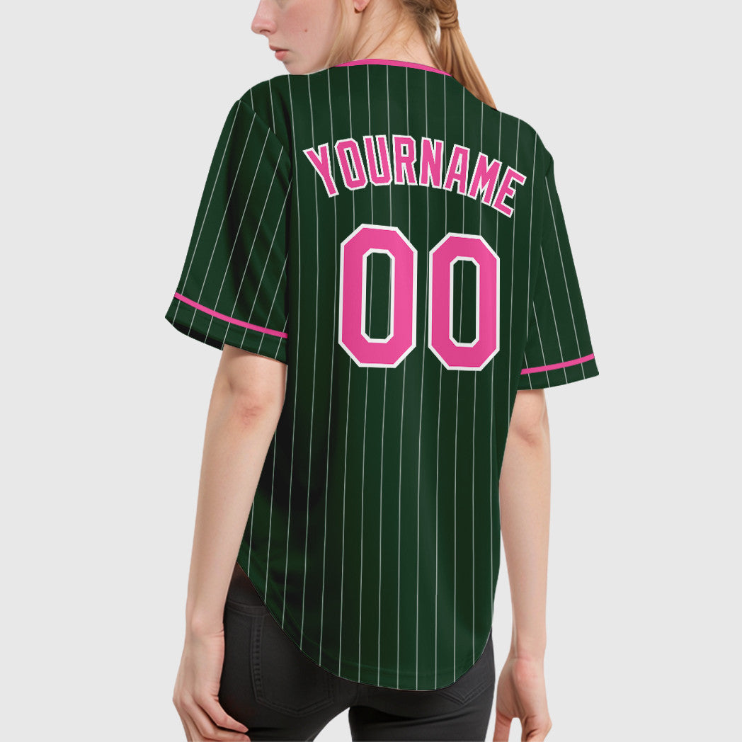 Custom Green White Pink Pinstripe Baseball Jersey