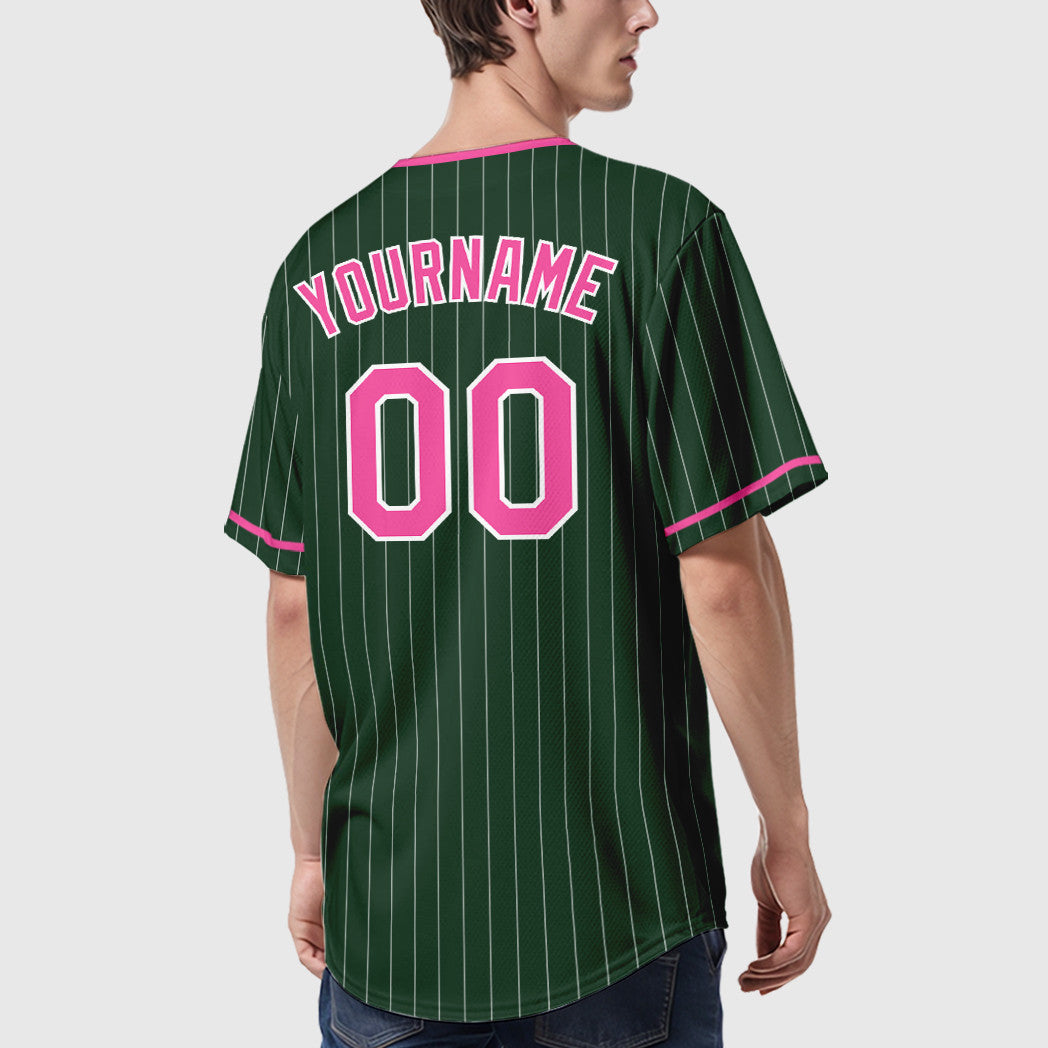 Custom Green White Pink Pinstripe Baseball Jersey