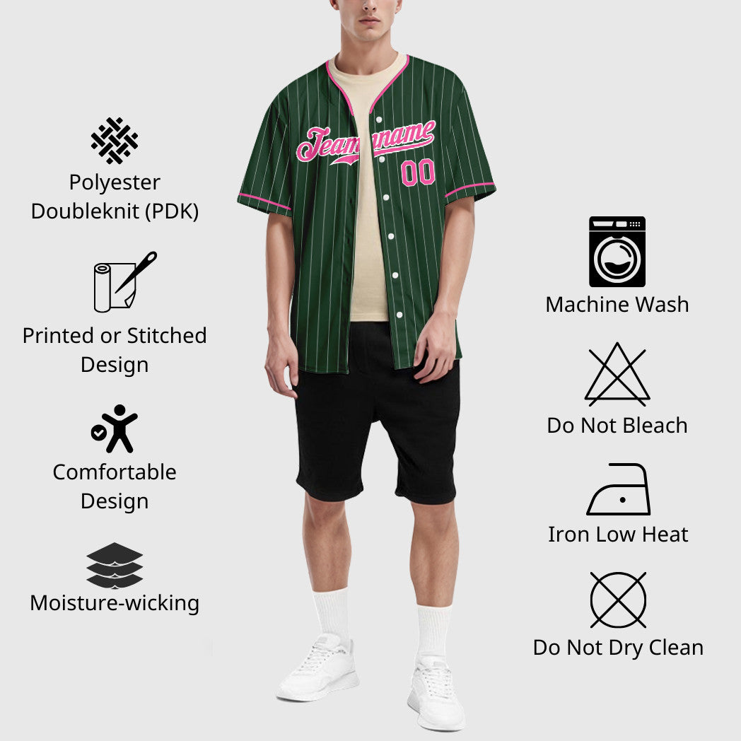 Custom Green White Pink Pinstripe Baseball Jersey