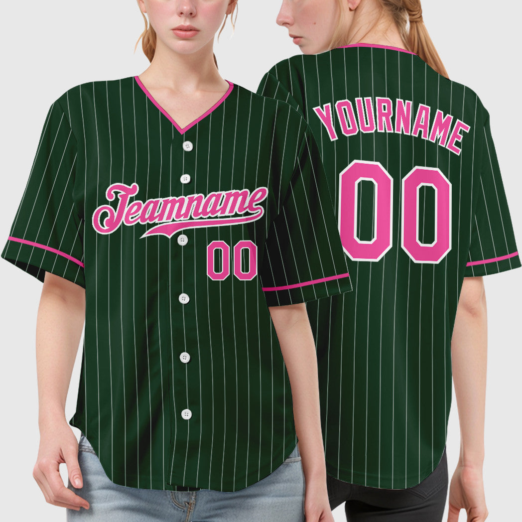 Custom Green White Pink Pinstripe Baseball Jersey